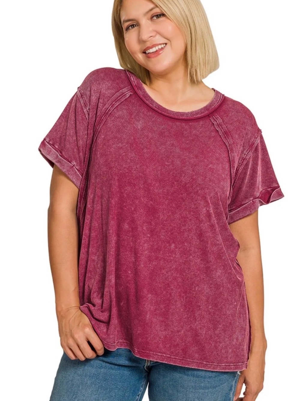 Zenana Plus Washed Ribbed Cuffed Short Sleeve Shirt in Cabernet